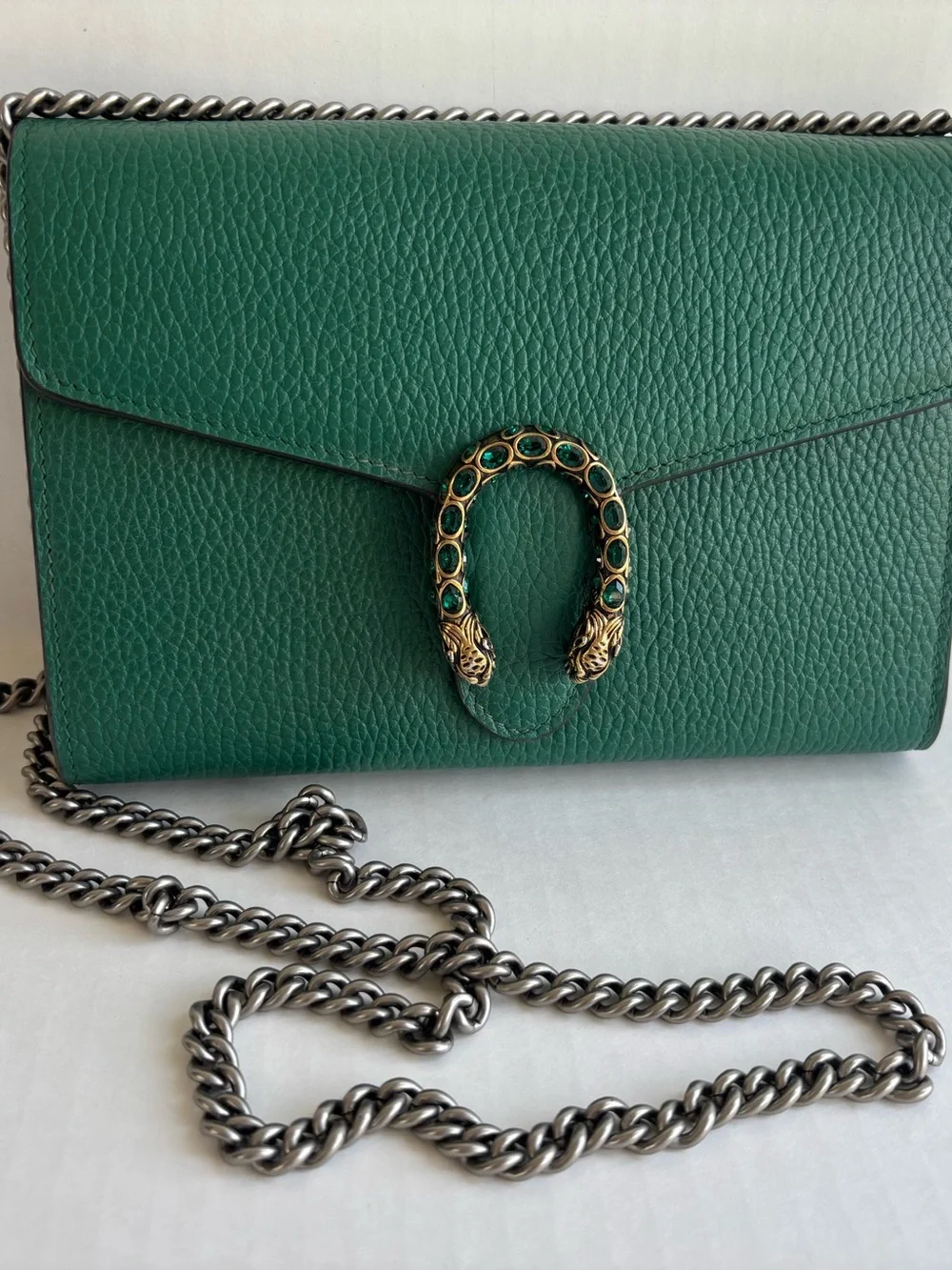 Gucci Dionysus Wallet on Chain Emerald Green Pebbled Leather Crystals Authentic - Picture 2 of 11